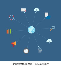 Technology icons set colorful vector illustration with globe logo, message and clock, megaphone and cloud, percent and infographic, folder and trolley