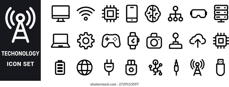 Ícones de tecnologia definir computador wifi processador smartphone rede cerebral vr headset servidor vetor