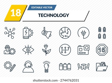 technology icons set - conection, solar battery, cinema light with cable, chairs, file storage outline vector collection.