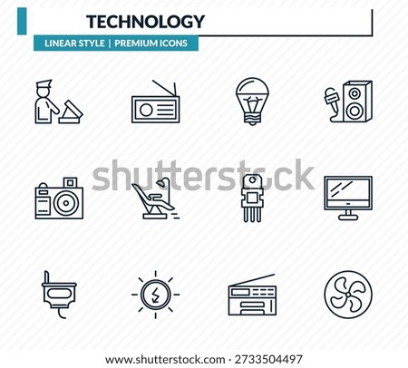 technology icons set - customs, radio journalism, led lamp, computer screen linux, ventilating fan outline vector collection.
