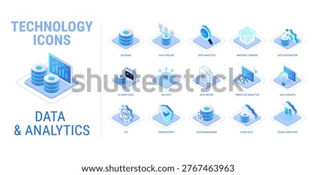Technology icons set for Data Analytics workflow diagram - isolated on white background - AI and data, AI agent data, machine learning, API cloud, cybersecurity - high quality isometric vector