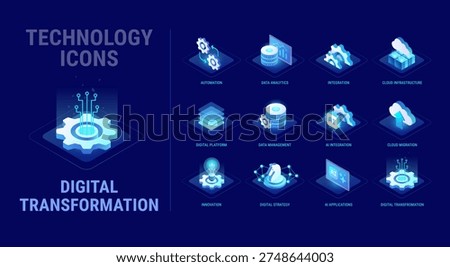 Technology icons set for Digital Transformation workflow diagram - AI, data analytics, business automation, integration, cloud, server, database, digital platform - high quality isometric vector