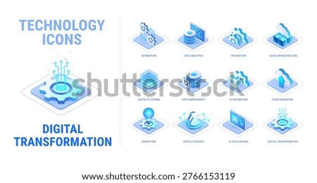 Technology icons set for Digital Transformation workflow diagram - AI, data analytics, business automation, integration, cloud, platform - high quality isometric vector isolated on white background