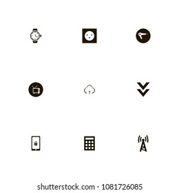Technology icons set. down arrows, antenna, power socket and time