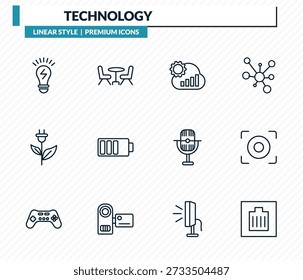 conjunto de ícones de tecnologia - lâmpada elétrica, cadeiras, análise de nuvens, foco central, coleção de vetor de contorno de conexão com fio.