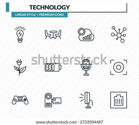 technology icons set - electric light bulb, chairs, cloud analysis, center focus, wired connection outline vector collection.