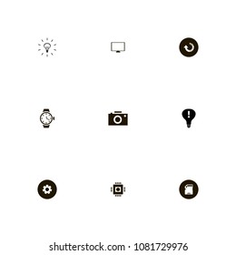 Technology icons set. electricity, time, attention and camera