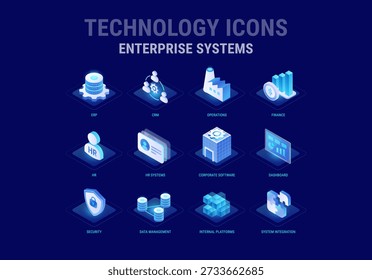 Technologie-Symbole für das Workflow-Diagramm von Enterprise Systems - ERP, CRM, HR, Operations, Data Management, Interne Plattformen, Finanzen, Security Dashboard - qualitativ hochwertige isometrische Vektorgrafiken