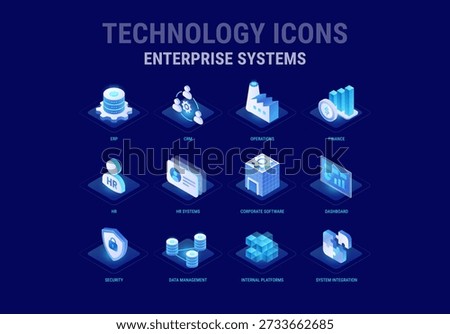 Technology icons set for Enterprise Systems workflow diagram - ERP, CRM, HR, Operations, Data Management, Internal Platforms, Finance, Security Dashboard - high quality isometric vector