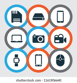 Technology icons set with floppy disk, smart watch, camera and other smartphone elements. Isolated vector illustration technology icons.