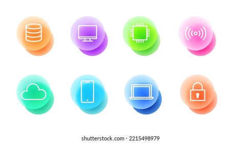 Technology icons set in glassmorphic style. Transparent blur glass effect icons. Vector illustration