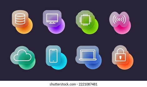 Technologiesymbole setzen sich im glassmorphen Stil auf dunklem Hintergrund zusammen. Transparente Symbole für unscharfe Glaseffekte. Vektorgrafik