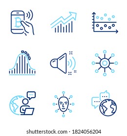 Technology icons set. Included icon as Multichannel, Demand curve, Dot plot signs. Bitcoin pay, Loud sound, Face biometrics symbols. Roller coaster, World communication line icons. Vector