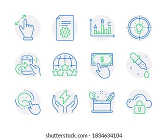 Technology icons set. Included icon as Technical documentation, Safe energy, Payment click signs. Chemistry pipette, Creativity concept, Touchscreen gesture symbols. Share call, Dislike. Vector