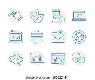 Technology icons set. Included icon as Sound check, New mail, Online shopping signs. Drag drop, Credit card, 5g internet symbols. Cloud computing, Graph, Outsourcing. Mobile survey. Vector