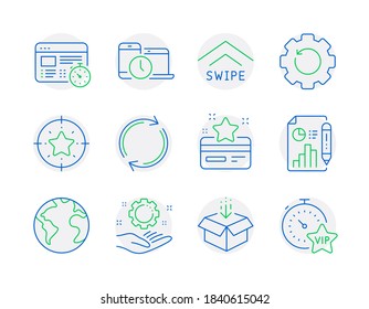 Technology icons set. Included icon as Web timer, Star target, Time management signs. Full rotation, Report document, Swipe up symbols. Loyalty card, Recovery gear, Get box. Employee hand. Vector
