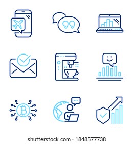 Technology icons set. Included icon as Coffee maker, Quote bubble, Approved mail signs. Bitcoin system, Graph laptop, Security statistics symbols. Flight mode, Smile line icons. Line icons set. Vector