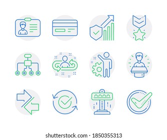 Conjunto de iconos de tecnología. Icono incluido como aprobado, Contratación, carteles de la tarjeta de identificación. Atracción, Empleado, Símbolos de estadísticas de seguridad. Embajador de marca, tarjeta de crédito, medalla ganadora. Vector