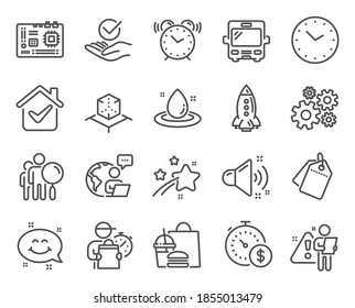 Technology icons set. Included icon as Last minute, Smile chat, Approved signs. Augmented reality, Sale tags, Motherboard symbols. Search people, Loud sound, Time. Fuel energy, Alarm clock. Vector