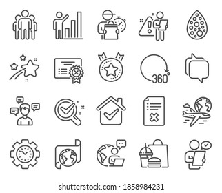 Technology icons set. Included icon as Reject certificate, Customer survey, Messenger signs. Reject file, Group, Conversation messages symbols. Graph chart, International flight. Vector