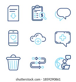 Technology icons set. Included icon as Talk bubble, Download file, Trash bin signs. Methodology, Medical chat, Accounting report symbols. Cloud computing, Love chat line icons. Line icons set. Vector