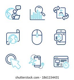 Technology icons set. Included icon as Technical algorithm, Web timer, Translation service signs. Search, Mobile like, Click here symbols. Computer mouse, Flights application line icons. Vector