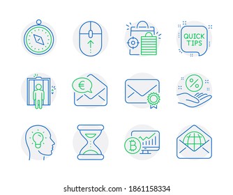 Technology icons set. Included icon as Loan percent, Swipe up, Quick tips signs. Bitcoin chart, Verified mail, Travel compass symbols. Elevator, Seo shopping, Time. Euro money, Idea head. Vector