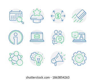 Technology icons set. Included icon as Smile, Dollar exchange, Search calendar signs. E-mail, Credit card, Info symbols. Integrity, Winner podium, Idea gear. Dating chat, Megaphone. Vector