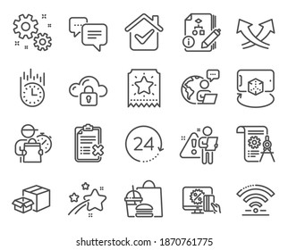 Technologie-Symbole gesetzt. Einschließlich Symbol als Cloud-Schutz, Algorithmus, 24 Stunden Zeichen. Checkliste ablehnen, Dots-Nachricht, Schnellausgabe-Symbole. Loyalitätstitel, Dividerpapier, Arbeit. WLAN. Vektorgrafik