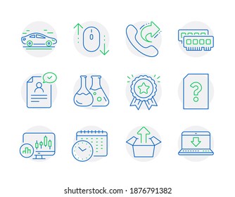Technology icons set. Included icon as Chemistry lab, Resume document, Ram signs. Scroll down, Send box, Candlestick chart symbols. Unknown file, Loyalty award, Share call. Calendar time. Vector
