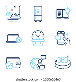 Technology icons set. Included icon as Last minute, Notebook service, 360 degrees signs. Call center, Refrigerator, Bumper cars symbols. Product knowledge, Loyalty program line icons. Vector