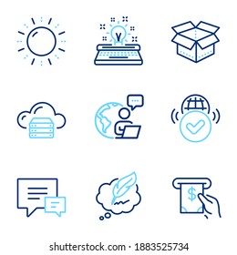 Technology icons set. Included icon as Comment, Copyright chat, Cloud server signs. Verified internet, Sun energy, Typewriter symbols. Atm service, Open box line icons. Line icons set. Vector