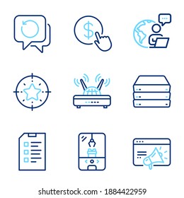 Technology icons set. Included icon as Buy currency, Servers, Seo marketing signs. Wifi, Recovery data, Star target symbols. Crane claw machine, Checklist line icons. Line icons set. Vector