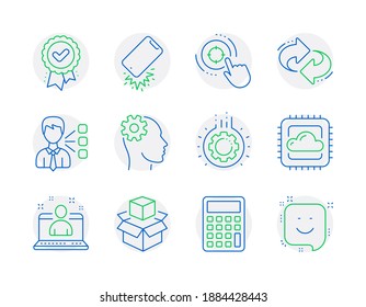 Technology icons set. Included icon as Engineering, Third party, Calculator signs. Seo target, Gear, Approved award symbols. Best manager, Refresh, Smartphone broken. Packing boxes, Smile. Vector