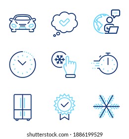 Technology icons set. Included icon as Cooking timer, Time management, Car signs. Approved, Snowflake, Certificate symbols. Refrigerator, Freezing click line icons. Stopwatch, Office clock. Vector