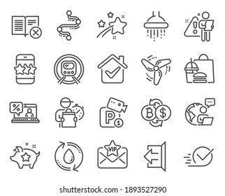 Conjunto de iconos de tecnología. Icono incluido como Star, préstamo en línea, señales de energía eólica. Casilla de verificación, seguridad de estacionamiento, símbolos del metro del metro. Intercambio de bitcoin, ducha, agua de relleno. Libro de rechazo, Línea de tiempo. Vector