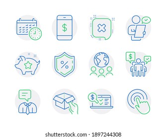 Technology Icons Set. Included Icon As Support Service, Global Business, Calendar Signs. Reject, Customer Survey, Online Accounting Symbols. Loyalty Points, Loan Percent, Teamwork. Click. Vector