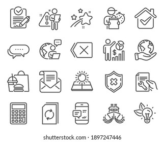 Technology icons set. Included icon as Dots message, Save planet, Eco energy signs. Repair document, Remove, Seo statistics symbols. Ship, Update document, Calculator. Mail newsletter, Rfp. Vector