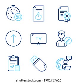 Conjunto de iconos de tecnología. Icono incluido como Swipe up, 5g internet, Editar signos personales. Tv, Usb stick, Rechazar símbolos de certificado. Lista de comprobación de cuentas, iconos de línea de documento aprobados. Conjunto de iconos de línea. Vector