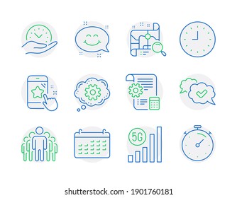 Technology icons set. Included icon as Approved, Search map, Star rating signs. Settings blueprint, Calendar, Clock symbols. Safe time, Cogwheel, Group. 5g wifi, Smile chat, Timer. Vector