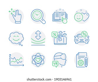 Technology icons set. Included icon as Travel loan, Move gesture, Technical documentation signs. Smile chat, Diagram chart, Atom symbols. Augmented reality, Car leasing, Resilience. Smile. Vector