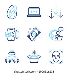 Technology icons set. Included icon as Bitcoin, Packing boxes, Face detection signs. Laptop password, Hypoallergenic tested, Augmented reality symbols. Scroll down, Ship line icons. Vector