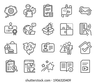 Technology icons set. Included icon as Accounting report, Technical info, Megaphone box signs. Refresh mail, Certificate, Puzzle symbols. Contactless payment, Recycle, Video file. Cogwheel. Vector