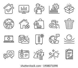 Technology icons set. Included icon as Share call, Music making, Smile signs. Elastic material, Internet downloading, Trash bin symbols. Accounting report, Checklist, Seo graph. Loan house. Vector