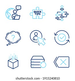 Conjunto de iconos de tecnología. Icono incluido como realidad aumentada, servidor de recuperación, signos de eliminación. Usuario, signo de interrogación, símbolos de seguridad confirmados. Diagrama de bloques, iconos de línea de consejos rápidos. Conjunto de iconos de línea. Vector