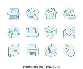 Technology icons set. Included icon as House security, Repairman, Wind energy signs. Quick tips, Printer, Open mail symbols. Chemistry lab, Augmented reality, Bus. Target path, Wifi. Vector