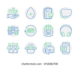 Technology icons set. Included icon as Internet documents, Speech bubble, Checklist signs. Oil serum, Packing boxes, Headphones symbols. Accounting report, Parking place, Group line icons. Vector