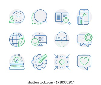 Technology icons set. Included icon as Contactless payment, Face recognition, Employees messenger signs. Settings gear, Minimize, Typewriter symbols. Time management, Chat message, Smile. Vector