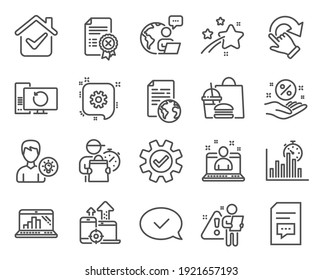 Technologie-Symbole gesetzt. Icon als Service, Person Idee, Zertifikat-Zeichen ablehnen. Cograd, Kredit Prozent, Kommentare Symbole. Internet-Dokument, Best Manager, Seo-Geräte. Graph-Laptop. Vektorgrafik