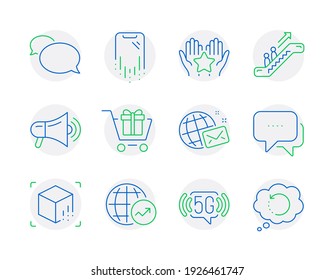 Technology Icons Set. Included Icon As Shopping Cart, Escalator, World Mail Signs. Ranking, Smartphone Recovery, 5g Wifi Symbols. Messenger, Message, Augmented Reality. World Statistics. Vector